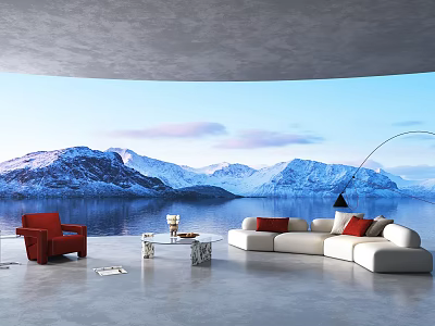 Modern Living Room With Red Sofa White L-shaped Sofa Marble Coffee Table Snowy Mountain View 3d model