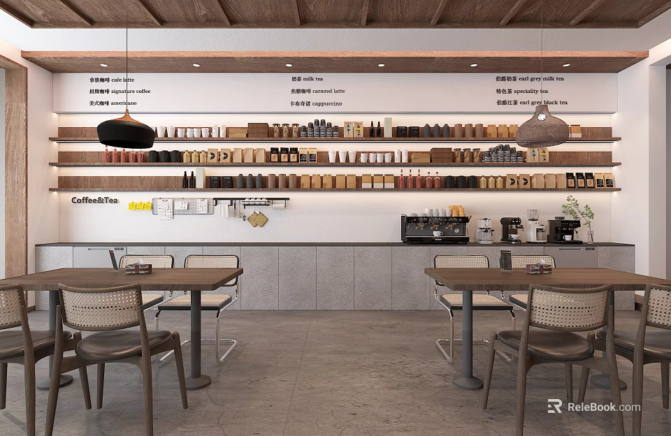 Modern Coffee Shop Interior With Wooden Shelves Coffee Machines Tables And Lamps 3d model 