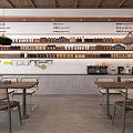 Modern Coffee Shop Interior With Wooden Shelves Coffee Machines Tables And Lamps