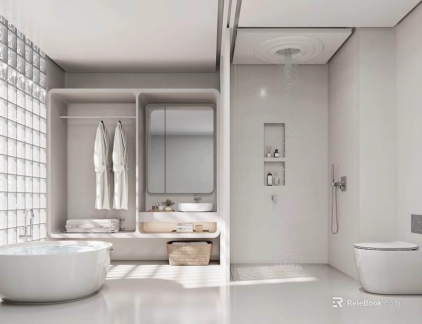 Modern Open White Bathroom Interior With Bathtub Shower Vanity Mirror Towel Rack And Storage 3d model 