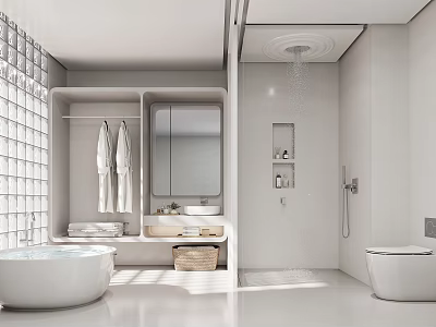 Modern Open White Bathroom Interior With Bathtub Shower Vanity Mirror Towel Rack And Storage 3d model