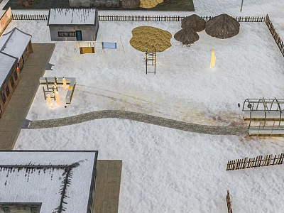 Snowy Rural Landscape With Traditional Houses Straw Stacks And Fences In Winter 3d model