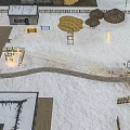 Snowy Rural Landscape With Traditional Houses Straw Stacks And Fences In Winter