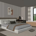 Modern Bedroom With Light Colored Bed Nightstand Decorative Painting Dressing Table And Wooden Floor