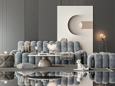 Modern Gray Sofa Coffee Table Combination With Decorative Cushions Plush Blanket Floor Lamp And Artistic Wall Decor 3d model