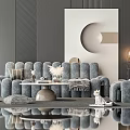 Modern Gray Sofa Coffee Table Combination With Decorative Cushions Plush Blanket Floor Lamp And Artistic Wall Decor