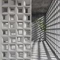 Modern Geometric Concrete Partition Structure With Circular Square Openings And Green Plants 3d model