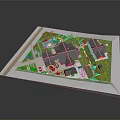 Cartoon Scene of Charming Residential Area with Houses Green Lawns Roads and Central Pond