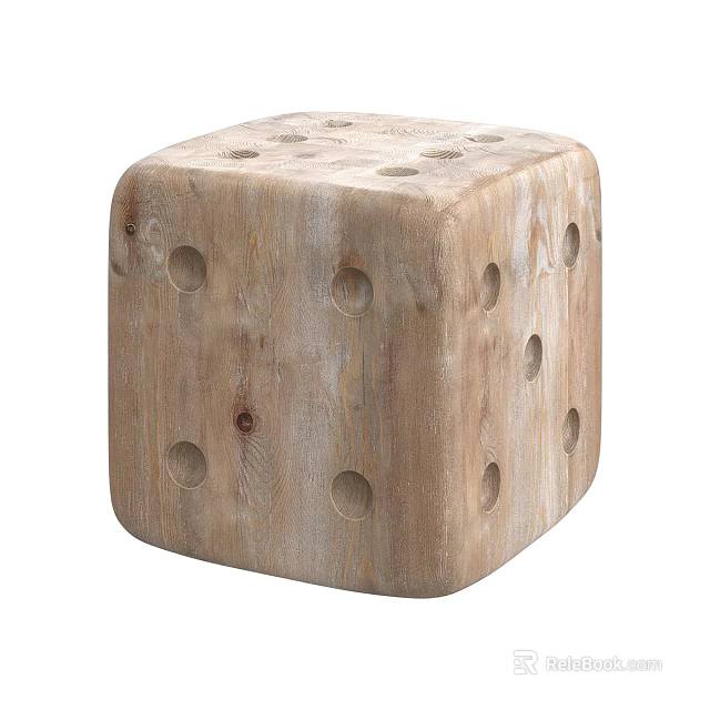 Cube Shaped Wooden Stool With Circular Holes And Natural Wood Texture 3d model 