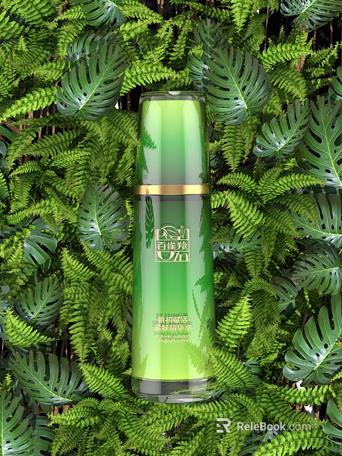 Natural Botanical Green Perfume Cosmetic Bottle With Golden Accents And Lush Plant Background 3d model 