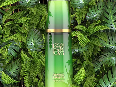 Natural Botanical Green Perfume Cosmetic Bottle With Golden Accents And Lush Plant Background 3d model