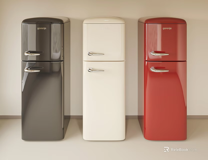 Vintage Style Black White Red Refrigerators With Glossy Finish And Chrome Handles 3d model 