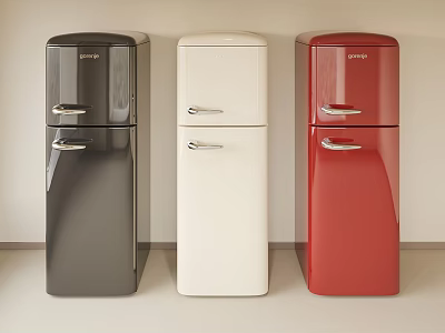 Vintage Style Black White Red Refrigerators With Glossy Finish And Chrome Handles 3d model