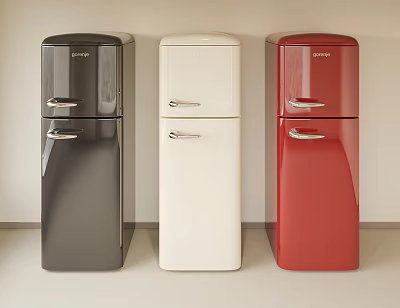 Vintage Style Black White Red Refrigerators With Glossy Finish And Chrome Handles 3d model