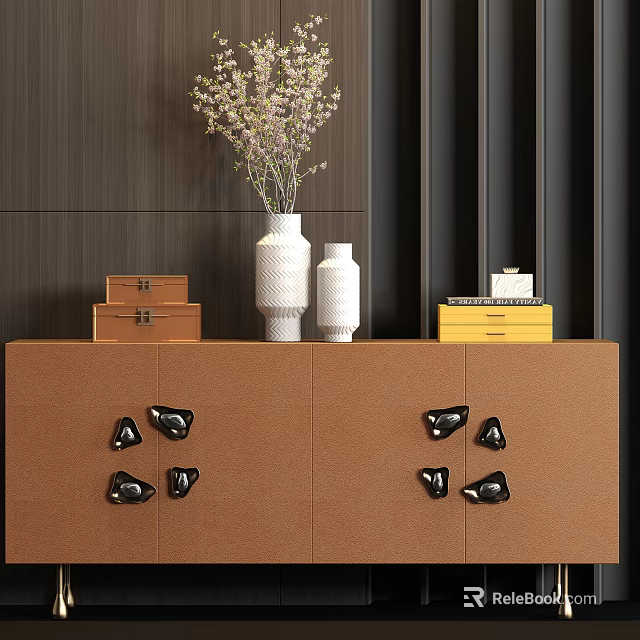 Modern Wooden Entryway Side Cabinet With Black Decorative Knobs White Vases Flower Bouquet And Books 3d model 