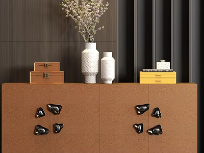 Modern Wooden Entryway Side Cabinet With Black Decorative Knobs White Vases Flower Bouquet And Books 3d model