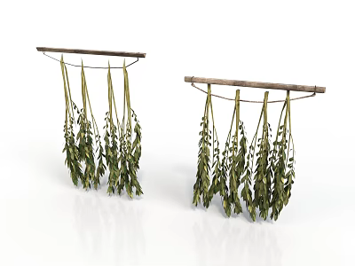 Two Sets of Hanging Green Leaf Plants On Wooden Poles With Cascading Foliage 3d model