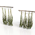 Two Sets of Hanging Green Leaf Plants On Wooden Poles With Cascading Foliage