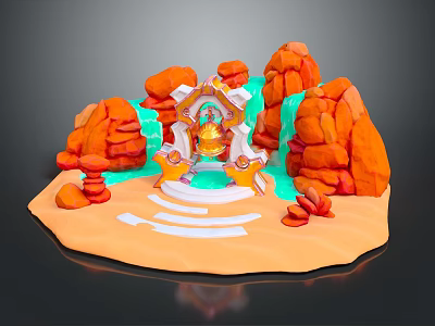 Cartoon Style Scenic Landscape With Orange Rocks Green Water Streams And Central Golden Structure 3d model