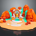 Cartoon Style Scenic Landscape With Orange Rocks Green Water Streams And Central Golden Structure