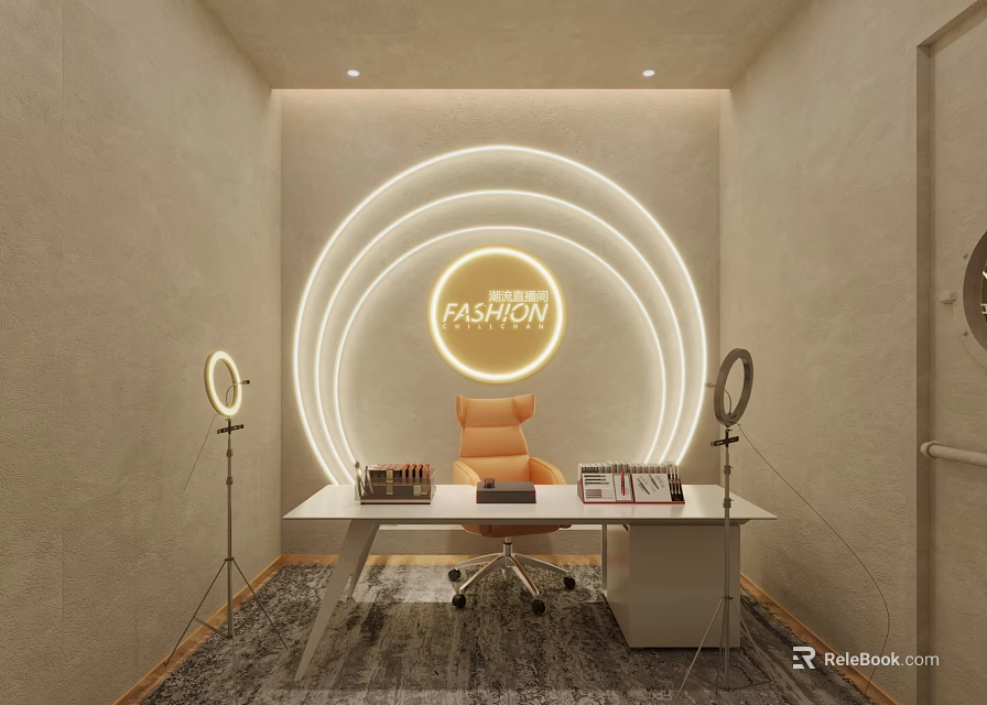 Modern Public Office Space With Circular Neon Lighting Orange Chair And Fashion Logo 3d model 