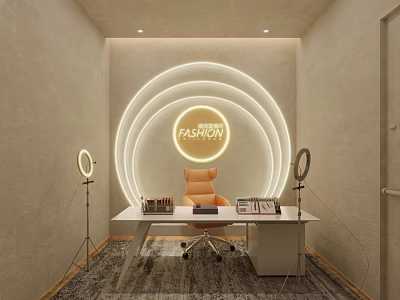 Modern Public Office Space With Circular Neon Lighting Orange Chair And Fashion Logo 3d model