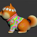 Orange Shiba Inu Puppy Toy With White Flower Crown And Colorful Outfit On Shiny Surface