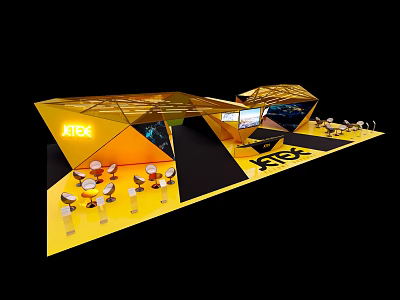 JTEKT Exhibition Booth Featuring Golden Yellow Structure Tables Chairs and Screens 3d model