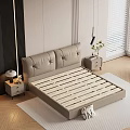 Modern Bedroom Interior With Leather Headboard Double Bed Pillows Throw Blanket And Blinds