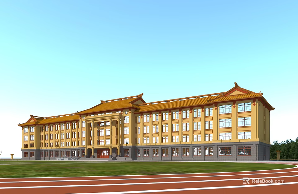 Traditional Style Yellow Roof School Building with Multi Story Structure Large Windows Lawn and Track 3d model 