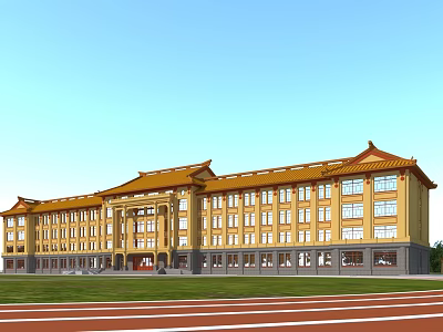 Traditional Style Yellow Roof School Building with Multi Story Structure Large Windows Lawn and Track 3d model