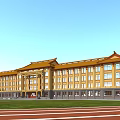 Traditional Style Yellow Roof School Building with Multi Story Structure Large Windows Lawn and Track