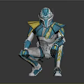Sci Fi Creature Character With Blue White Yellow Armor In Crouching Pose Design 3d model