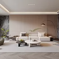 Modern Living Room Interior With Wooden Walls Sofa Coffee Tables Floor Lamp And Green Plants