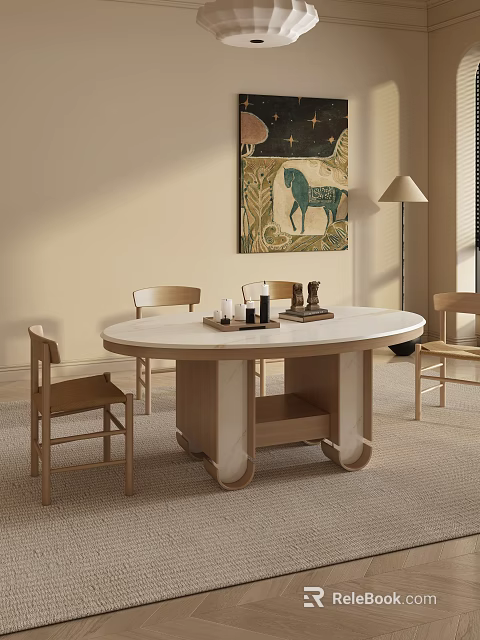 Elegant Modern Dining Room With Round Table Chairs Tableware And Wall Art Floor Lamp 3d model 