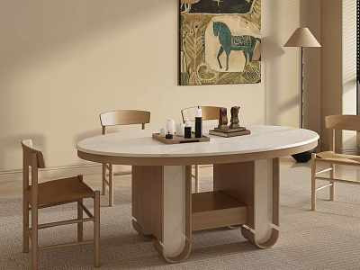 Elegant Modern Dining Room With Round Table Chairs Tableware And Wall Art Floor Lamp 3d model