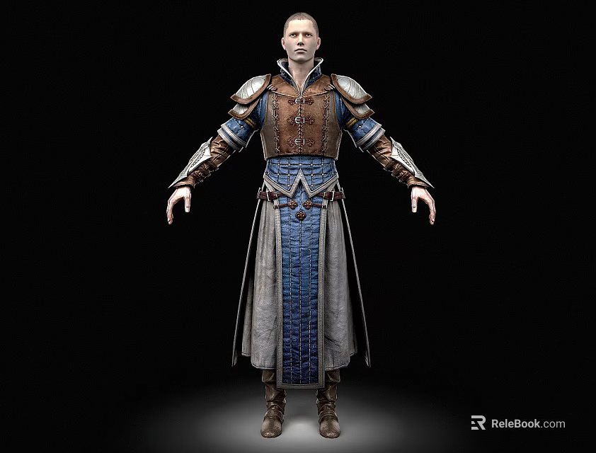 Man Wearing Detailed Armor And Blue Robe With Decorative Design Standing 3d model 