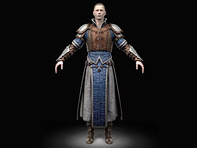 Man Wearing Detailed Armor And Blue Robe With Decorative Design Standing 3d model