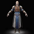 Man Wearing Detailed Armor And Blue Robe With Decorative Design Standing