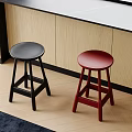 Stylish Black and Red Bar Stools in Modern Kitchen Bar with Wooden Cabinets Light Floor