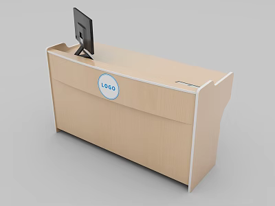 Light Colored Modern Functional Desk With Monitor And Logo On Top Surface 3d model