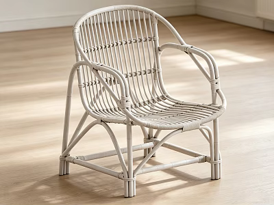 Stylish White Wicker Rattan Armchair In Sunlit Interior With Wooden Floor 3d model