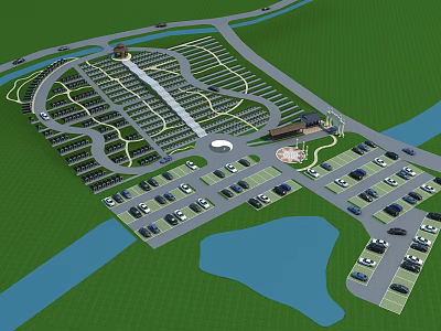 Comprehensive Site Layout Featuring Parking Areas Roads Green Spaces Water Bodies And Buildings 3d model