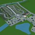 Comprehensive Site Layout Featuring Parking Areas Roads Green Spaces Water Bodies And Buildings