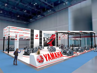 YAMAHA Exhibition Booth With Modern Red White Design And Motorcycles 3d model