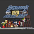 Traditional Japanese Building Model With Blue Tiled Roof Shop Sign And Decorative Figures