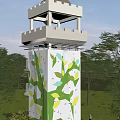 Outdoor Sports Equipment Climbing Wall With Painted Leaf Patterns On Tower Surrounded By Green Trees And Grass