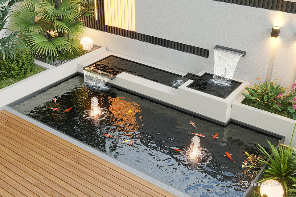 Courtyard Garden Water Pool With Fountains Goldfish Green Plants And Wooden Deck 3d model 