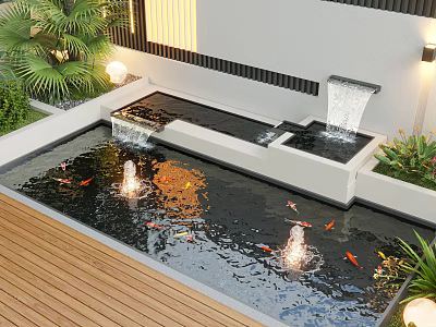 Courtyard Garden Water Pool With Fountains Goldfish Green Plants And Wooden Deck 3d model