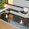 Courtyard Garden Water Pool With Fountains Goldfish Green Plants And Wooden Deck